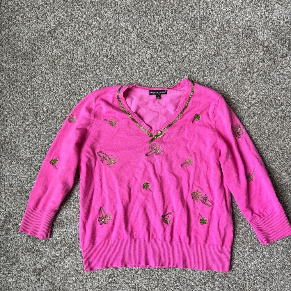 Carolyn Taylor Hot Pink V-Neck Sweater with Gold Embroidery